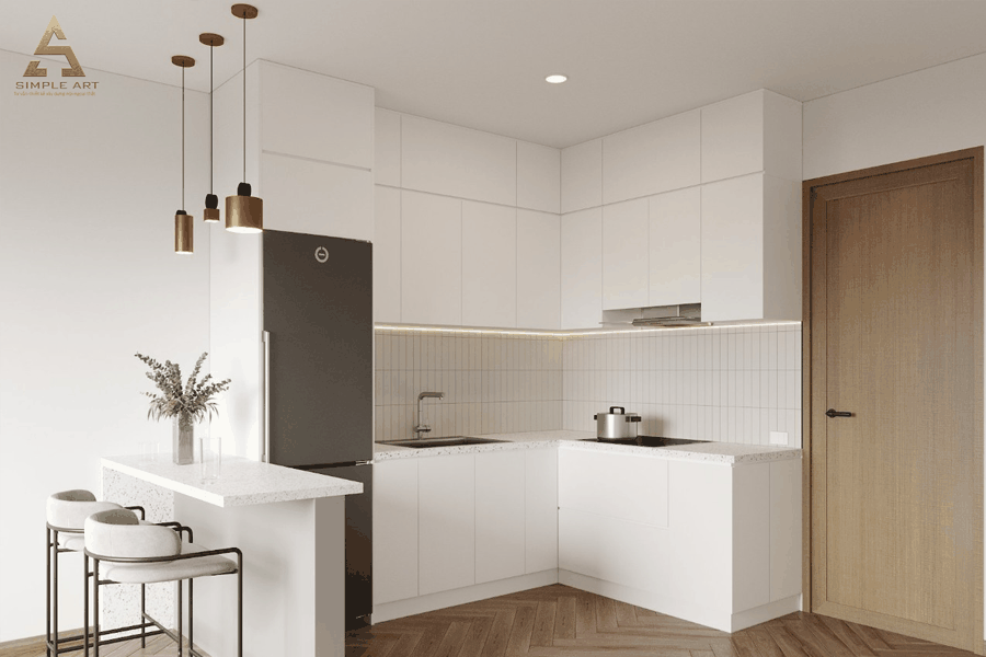 Tủ bếp chữ L MDF Melamine vân gỗ màu sáng