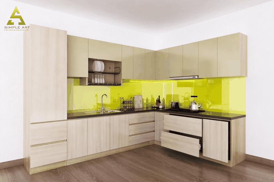 Tủ bếp chữ L MDF Melamine màu vân gỗ