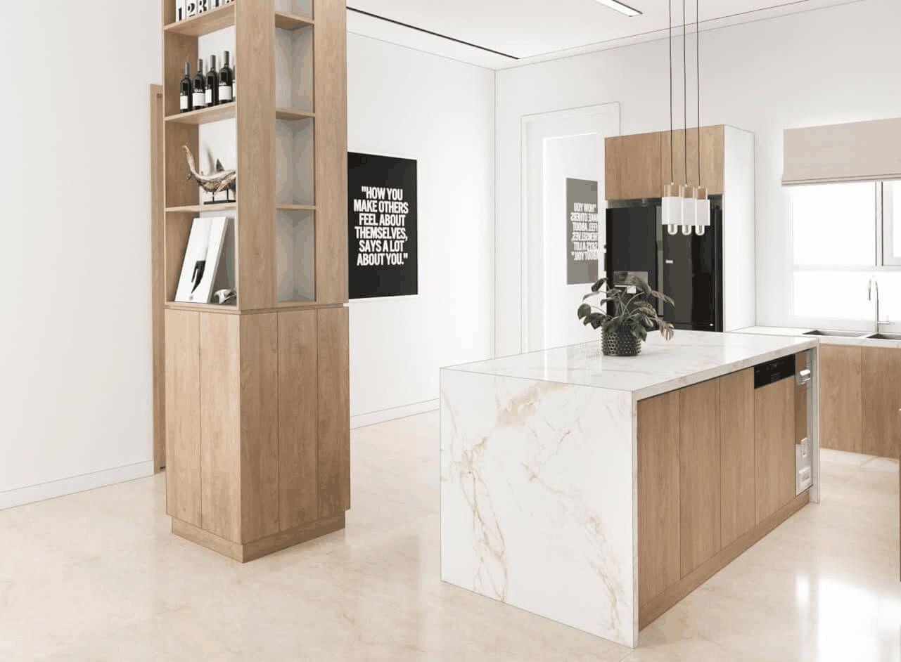 bàn bar gỗ MDF kết hợp đá trắng vân mây