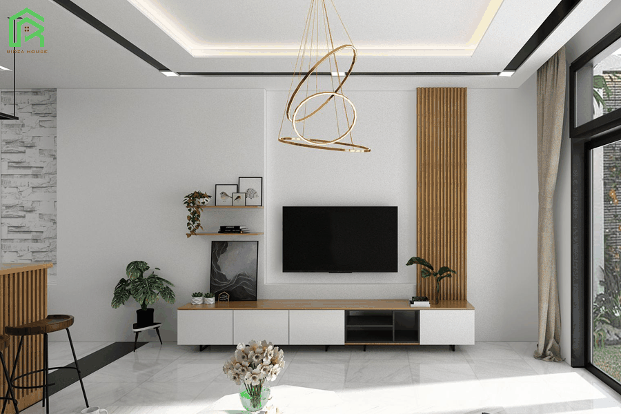 Thiết kế thi công phòng khách vách ốp nhựa giả đá đẹp – anh Sơn, Hòa Xuân