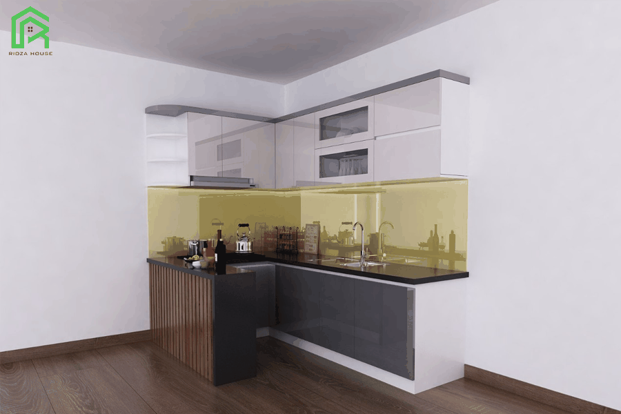 Tủ bếp chữ L Acrylic nhỏ gọn kết hợp đảo đà nẵng