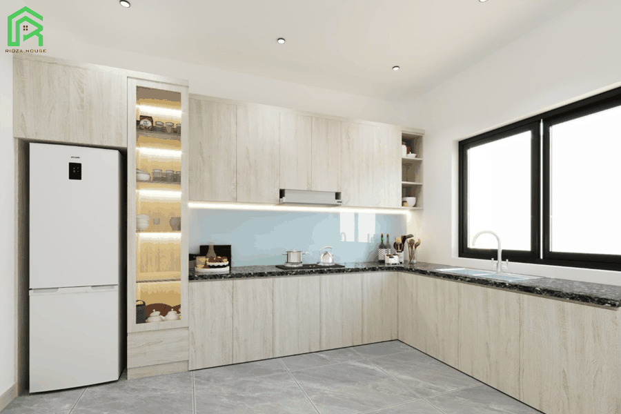 Tủ bếp MDF Melamine chữ L dài vân gỗ đẹp đà nẵng